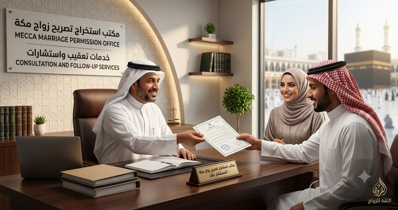 مكتب استخراج تصريح زواج مكة لإنهاء معاملات زواج السعودي من أجنبية وتخليص الإجراءات الرسمية بسرعة وموثوقية
